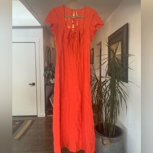 Free‎ People Peasant Maxi Dress Short Sleeve Red Seersucker Women’s Large NWT